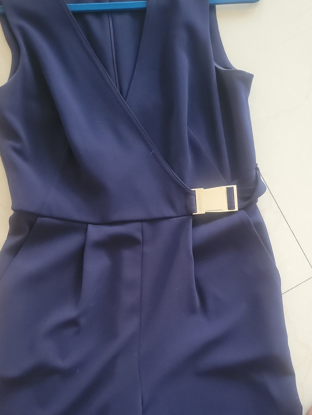 Calvin Klein Navy Sleeveless Wide-Leg Jumpsuit with Silver Accent - Picture 3 of 5